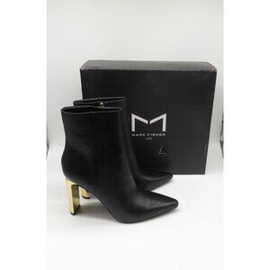 Marc Fisher Talyna3 Black Leather Ankle Booties Gold Block Heel Size 10M